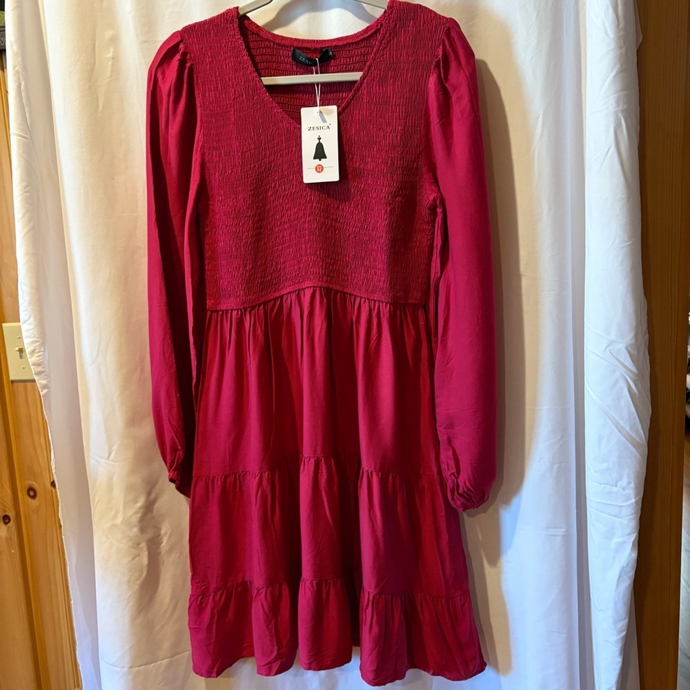 Zenska Women's Long Sleeve Smocked Tiered Dress - Raspberry